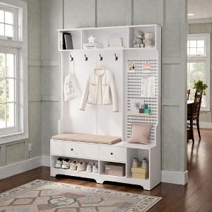 Mshliw Multi Purpose Hall Tree with Cushioned Bench Coat Rack Storage Shelves and DIY Pegboard for Entryway Hallway Living Room - 1 of 4