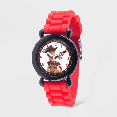 Kids' Disney Toy Story 4 Woody Black Plastic Time Teacher Watch - Red