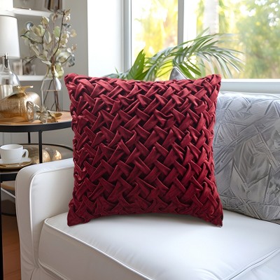 Luxurious Burgundy Velvet Ruched Square Pillow 20x20