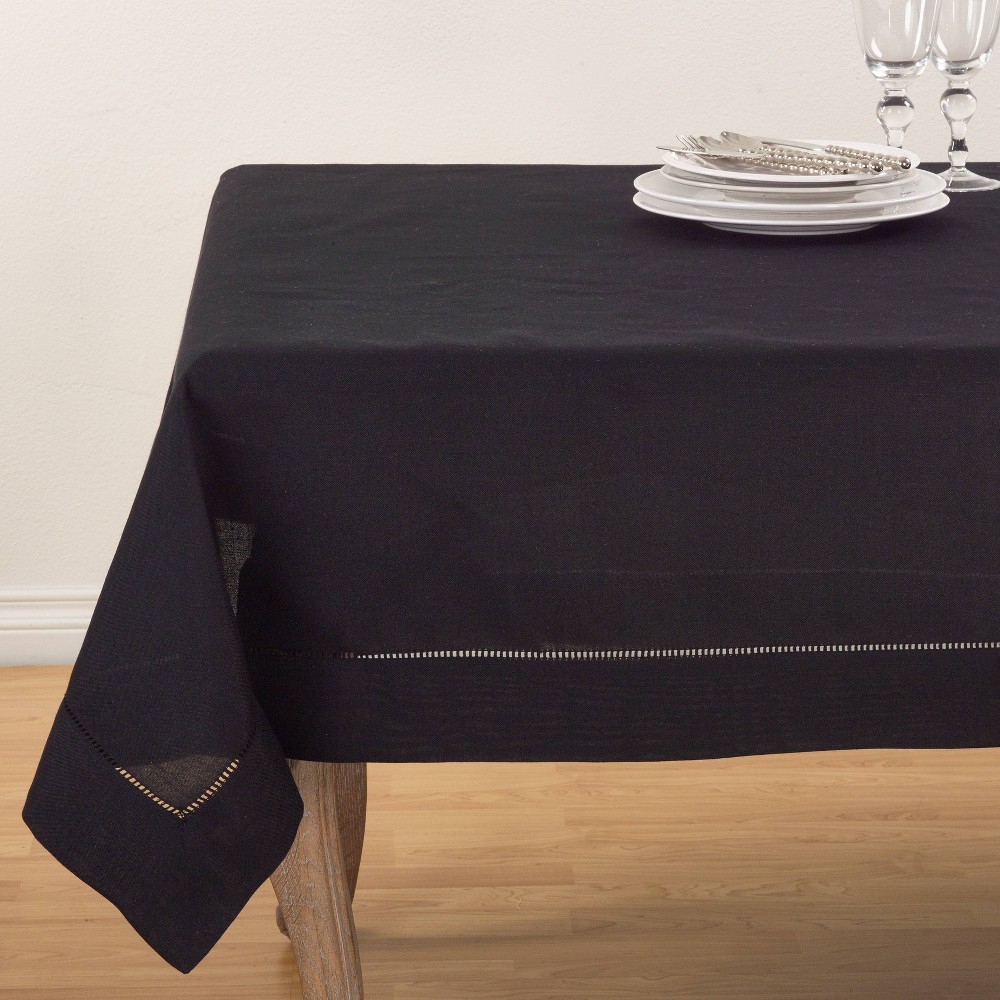 Photos - Tablecloth / Napkin 84"x84" Square Tablecloth with Hemstitch Border Design Black - Saro Lifest