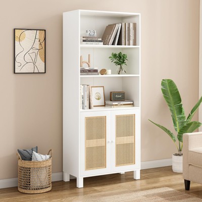 FURNIinspire Decorative Bookshelf 5 Shelf Bookcase With Rattan Doors, Standing Storage Cabinet, Adjustable Storage Shelves, White, 14.6"*29.9"*70.9"