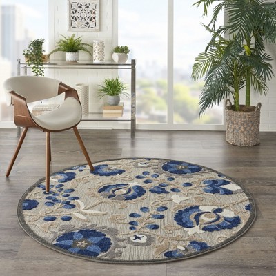 Natural Blue Floral Round Synthetic Rug, 5'3"