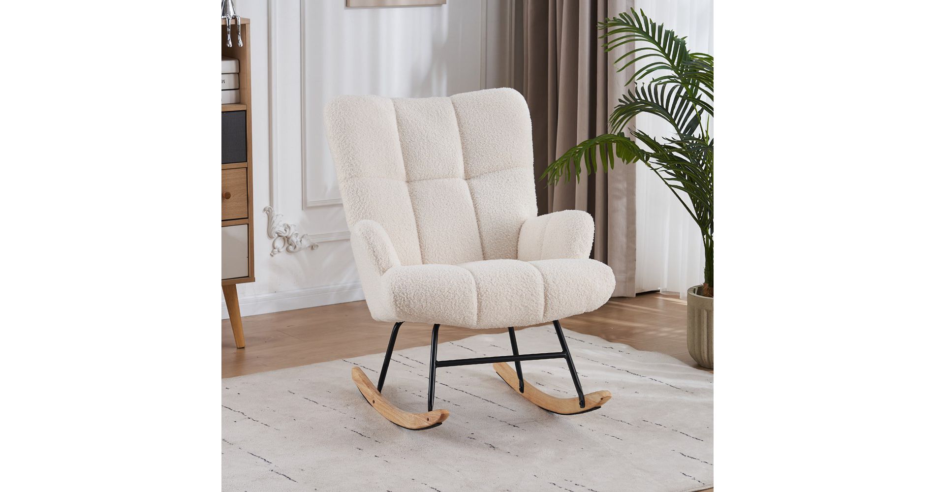 FERPIT Teddy Upholstered Wingback Rocking Accent Chair with Rubberwood Legs, White