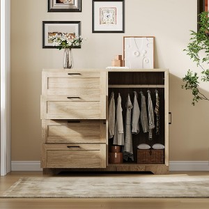 Wooden Storage Cabinet, Freestanding Wardrobe with 1 Hanging Rod, Side Organizer with 4 Drawers and Double Doors - 1 of 4