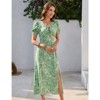 Coolmee Women's Floral Boho Dress Hawaiian Dresse Short Sleeve V Neck Summer Beach Wedding Guest Swing Midi Dress Green M - 3 of 4
