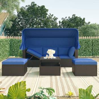 4pc Outdoor Wicker Rectangle Daybed with Canopy & Cushions - Blue - GODEER