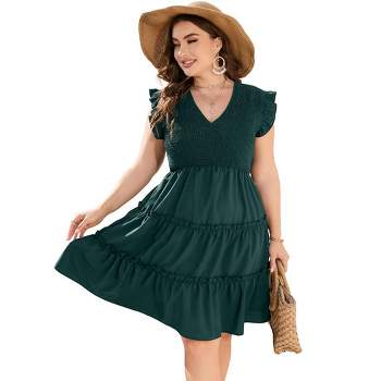 Plus Size Sleeveless Summer Dress for Women Ruffle Short Sleeve Smocked Dress V Neck Babydoll Midi Dress