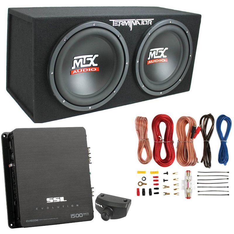 MTX TNE212D 12" 1200 Watt 4 Ohm Dual Loaded Car Audio Subwoofer Package with Sub Enclosure, Sound Storm EV 1500W Monoblock A/B Amplifier & Wiring Kit, 1 of 7