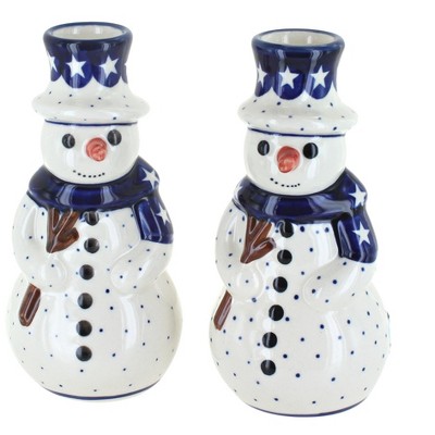 Blue Rose Polish Pottery Snowman Candlestick Pair