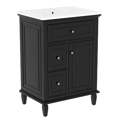 Vynxaria 24" Black Bathroom Vanities Vanity Combo with Flip Drawer, Two Side Drawers, 33.3"H Freestanding Cabinet