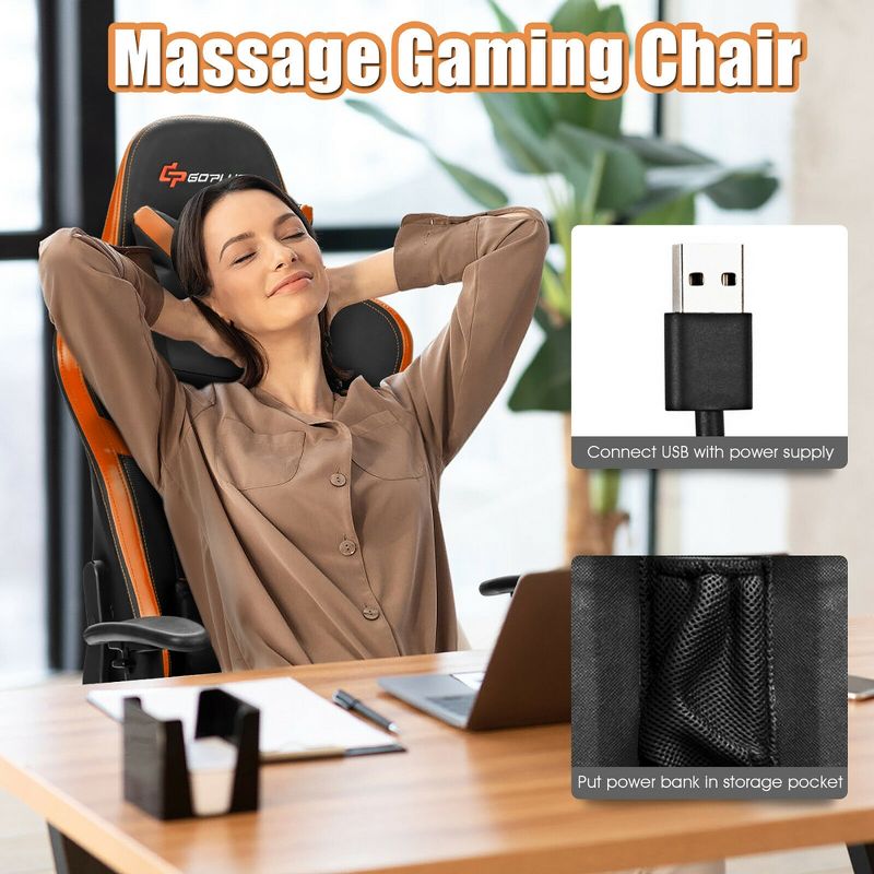 Costway  Gaming Chair Reclining Racing Chair with Massage Lumbar Support &Footrest Orange, 5 of 10