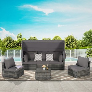 Outdoor 5 Pcs Furniture Set, Patio Wicker Daybed Set with Retractable Canopy, Sofa Set with Cushions and Storable Side Table-Coolbibila - 1 of 4