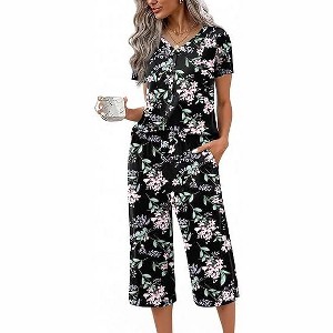 Ekouaer Women's Pajama Sets Short Sleeve Sleepwear Button Up Pj Loungewear Top and Capri Pants with Pockets - 1 of 4