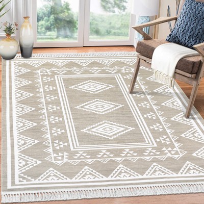 Indoor Tassel Area Rug for Bedroom Living Room - Washable Bordered Farmhouse Carpet, Non-Slip Soft Low Pile Stain-Resistant Mat