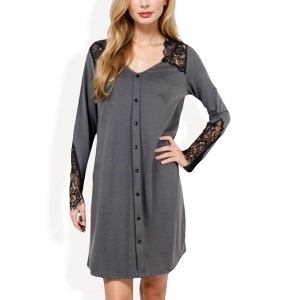 Anna-Kaci Women's Button-Front Nightdress with Lace Shoulder and Sleeve Detail - 1 of 4