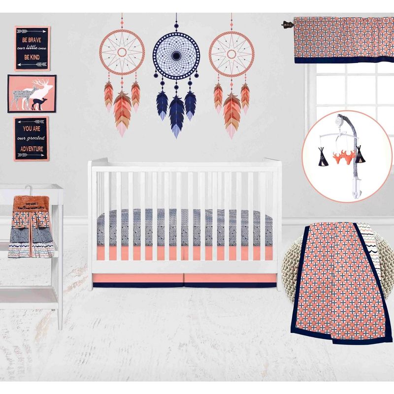 Bacati - Olivia Coral Navy 10 pc Girls Crib Bedding Set with 2 Crib Fitted Sheets, 1 of 12