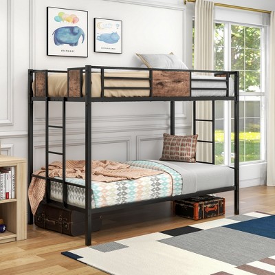 Twin Over Twin Metal Bunk Bed With Ladder And Full-length Guardrail ...