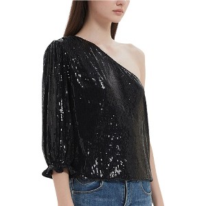 Anna-Kaci Women's Summer Sparkle Sequins One Shoulder Top Blouse Cocktail Casual Glitter Sequined T-Shirt Tops - 1 of 4