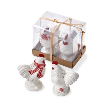 tag "Farmhouse Christmas Collection" Leghorn & Lillie Holiday Chicken Shaped Earthenware White and Red Salt & Pepper Shaker Set Of 2