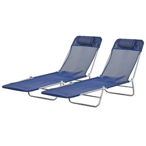2 Piece Sun Loungers, Folding Chaise Lounge Chairs with Reclining Back, Breathable Mesh Seat, Headrest - 1 of 4