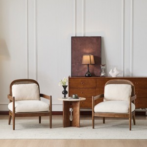Set of 2 Mid-Century Modern Accent Chairs,Solid Wood Accent Chair with Rattan Backrest and Cushions,Living Room or Bedroom Armchairs-Koiai - 1 of 4