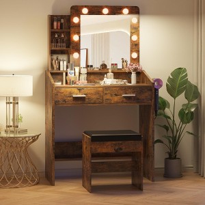 Vanity Desk with Power Outlet, Makeup Vanity with Large Mirror and LED Lights, 7 Drawers & Cushioned Stool - 1 of 4