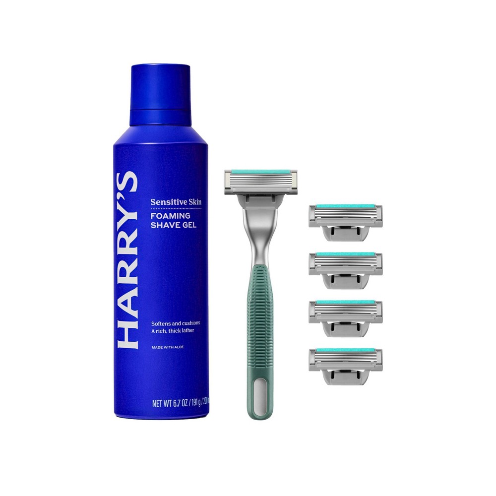 Harry's Men's Moss Green Razor Handle with 5 Razor Blade Cartridges + 6.7oz Aloe Foaming Shave Gel