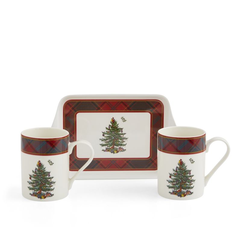 Spode Christmas Tree Tartan Set of 2 Mugs & Tray - 10 oz. mugs / 8" tray, 1 of 7