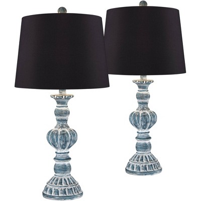 Regency Hill Country Cottage Table Lamps Set of 2 Blue Wash Black Faux Silk Drum Shade for Living Room Bedroom House Bedside Home