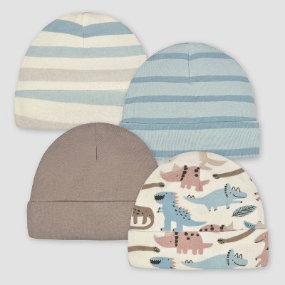Image of Gerber Baby Boys' 4pk Dino Caps - Dark Brown/Light Blue/White