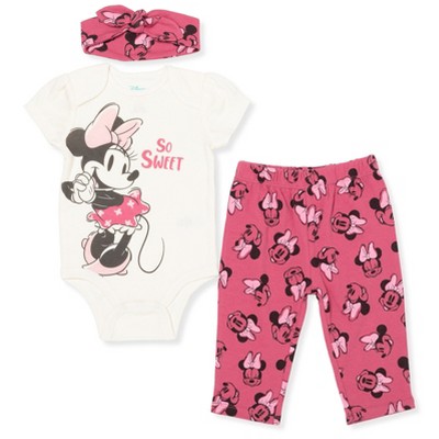 Image of Mickey Mouse & Friends Minnie Mouse Newborn Baby Girls 3 Piece Outfit Set: Cuddly Bodysuit Fashion Pants Headband pink / white Newborn