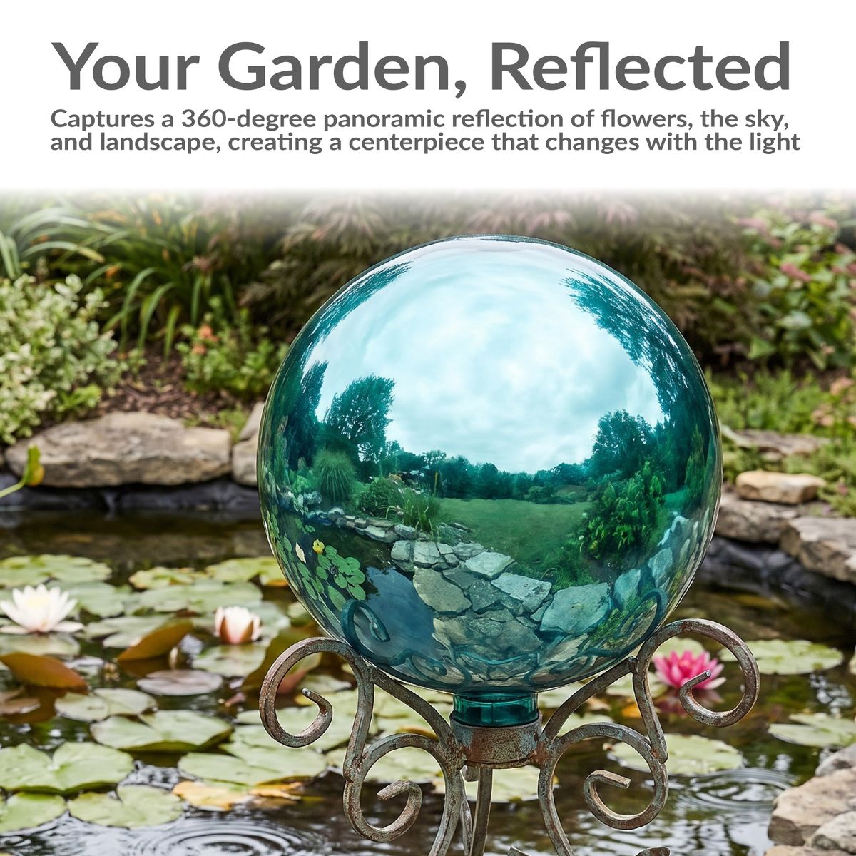 Sunnydaze Indoor/Outdoor Reflective Mirrored Surface Garden Gazing Globe Ball with Stemmed Bottom and Rubber Cap - 10" Diameter - thumbnail 2