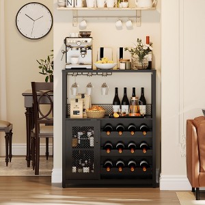 36"Wine Bar Cabinet with Light, Glass Holder & Detachable Rack - Coffee Bar Buffet with Mesh Door Storage for Kitchen & Dining Room - 1 of 4