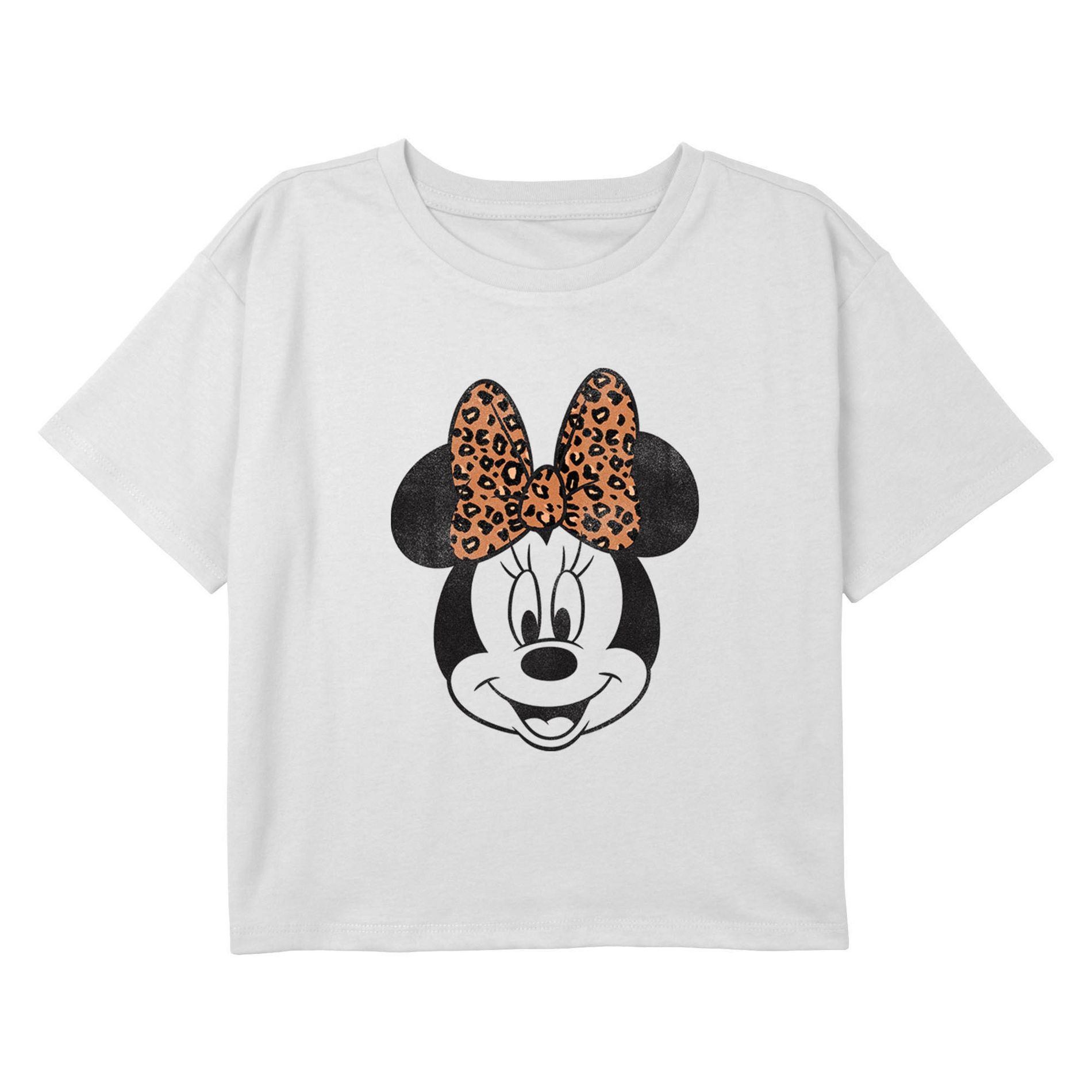 Girl's Mickey & Friends Minnie Mouse Cheetah Print Bow Portrait Graphic Graphic Cropped T-Shirt - White - Small