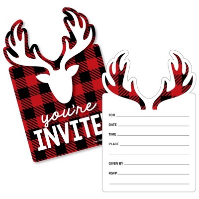 Big Dot of Happiness Prancing Plaid - Shaped Fill-in Invitations - Reindeer Holiday and Christmas Party Invitation Cards with Envelopes - Set of 12