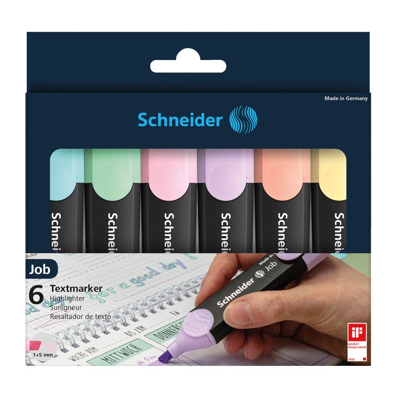 Schneider Job Pastel Highlighter, 1 + 5 mm Chisel Tip, 6 Assorted Ink Colors (Turquoise, Mint, Lavender, Light Pink, Peach, Vanilla), 1 of 2