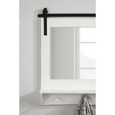White Rectangular Wood Wall Mirror with Shelf and Hooks