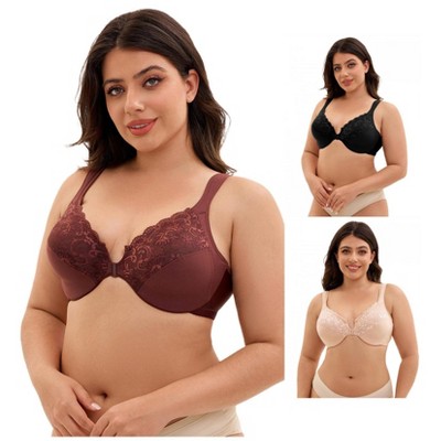 INSPIRE CHIC 3 Pcs Women's Front Closure Lace Trim Underwire Adjustable Straps Plunge Bras