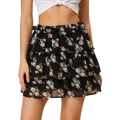 INSPIRE CHIC Women's Layered Ruffle Hem Elastic Waist A-Line Skater Floral Mini Skirt