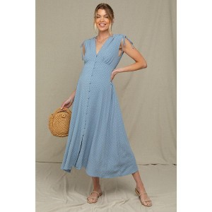PinkBlush Blue Button-Down Polka Dot Shirred Bow Maternity Midi Dress - 1 of 4