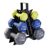 HolaHatha 5, 10, and 15 Pound Neoprene Dumbbell Free Hand Weight Set with Storage Rack, Ideal for Home Gym Exercises to Gain Tone and Definition