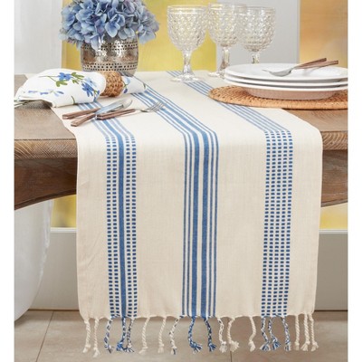 Navy Blue Cotton Striped Fringe Table Runner 16" x 120"
