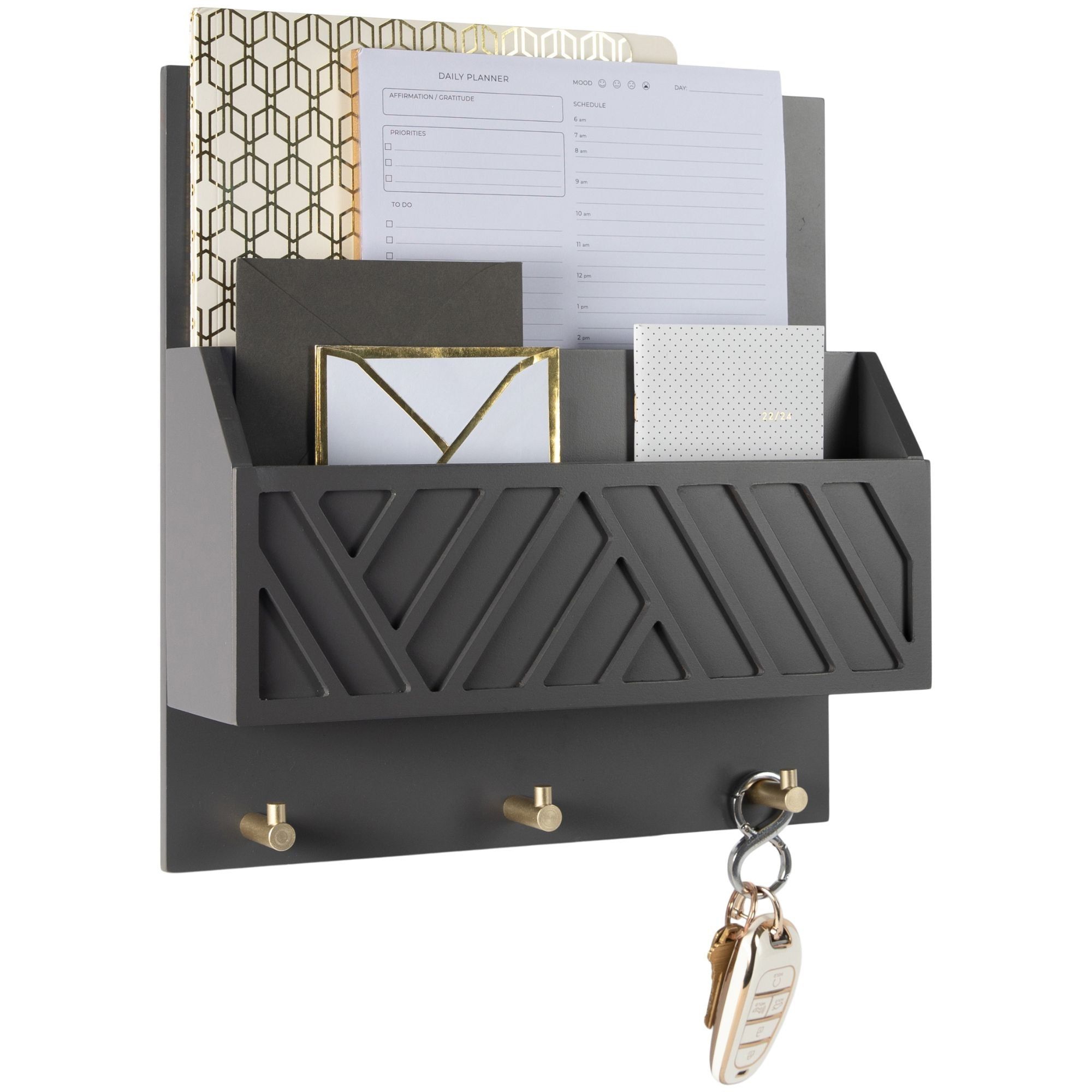 Blu Monaco Wall Mounted Mail Organizer with 2 Slots and 3 Gold Hooks - Dark Grey - MDF Wood