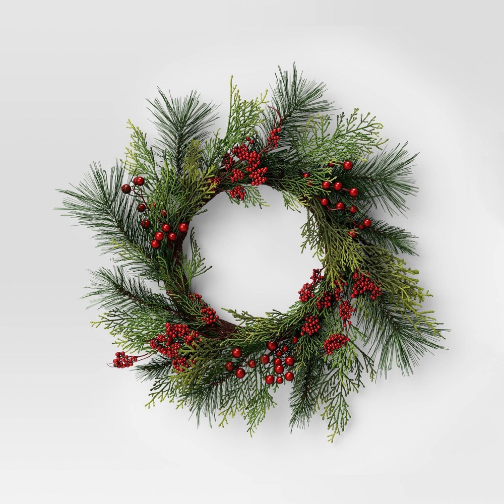 22" Mixed Pine with Red Berries Artificial Christmas Wreath Green - Wondershop™