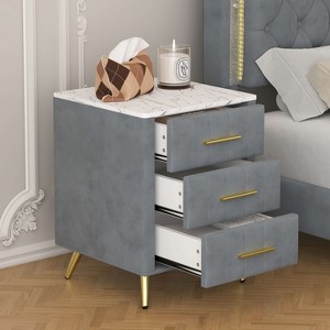 ORRD Upholstered Wooden Nightstand with 3 Drawers and Metal Legs&Handles, Bedside Table with Marbling Stickers Worktop - Grey - 1 of 4