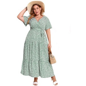 Garvee Women Plus Size V Neck Wrap Maxi Dress High Waist Ruffle Summer Casual Dress with Belt Short Sleeve - 1 of 4