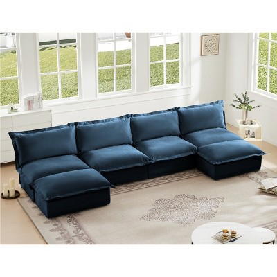 Modern Sectional Sofa, Slipcovered 4 Seater Armless Sofa with Reversible Ottoman, Sectional Sofas with Chenille Fabric-Cuddlewood