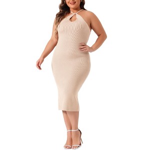 Agnes Orinda Women's Plus Size Twist Front Halter Neck Ribbed Sleeveless Midi Bodycon Dresses - 1 of 4