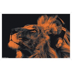 Trends International Lion With Headphones Framed Wall Poster Prints - 1 of 4