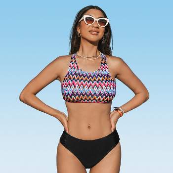 Women's Geo Print Back Tie Top & Shirred Mid Rise Hipster Bikini Set Swimsuit - Cupshe